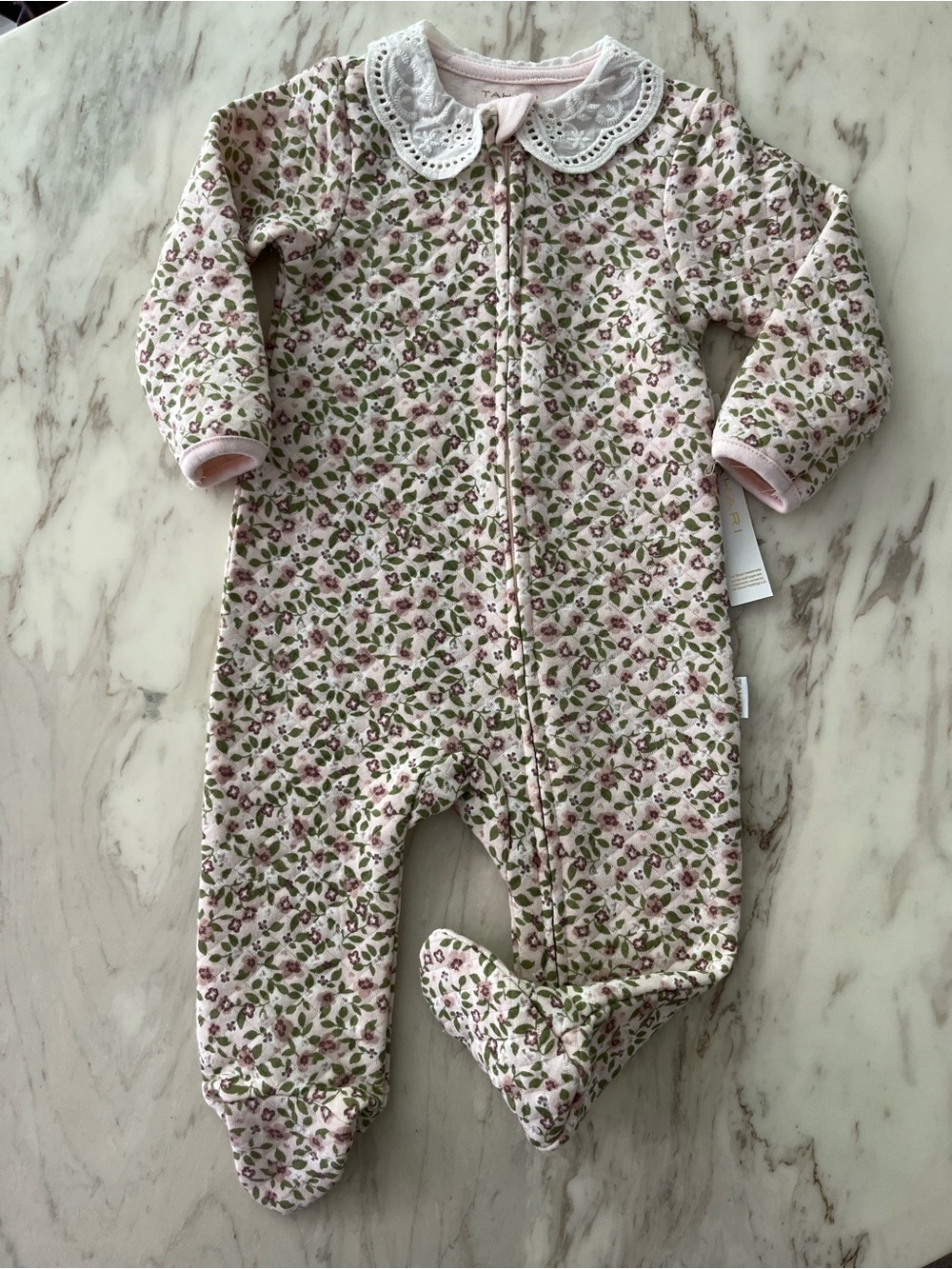 Baby Floral Quilted One-Piece with Lace Collar - Pink